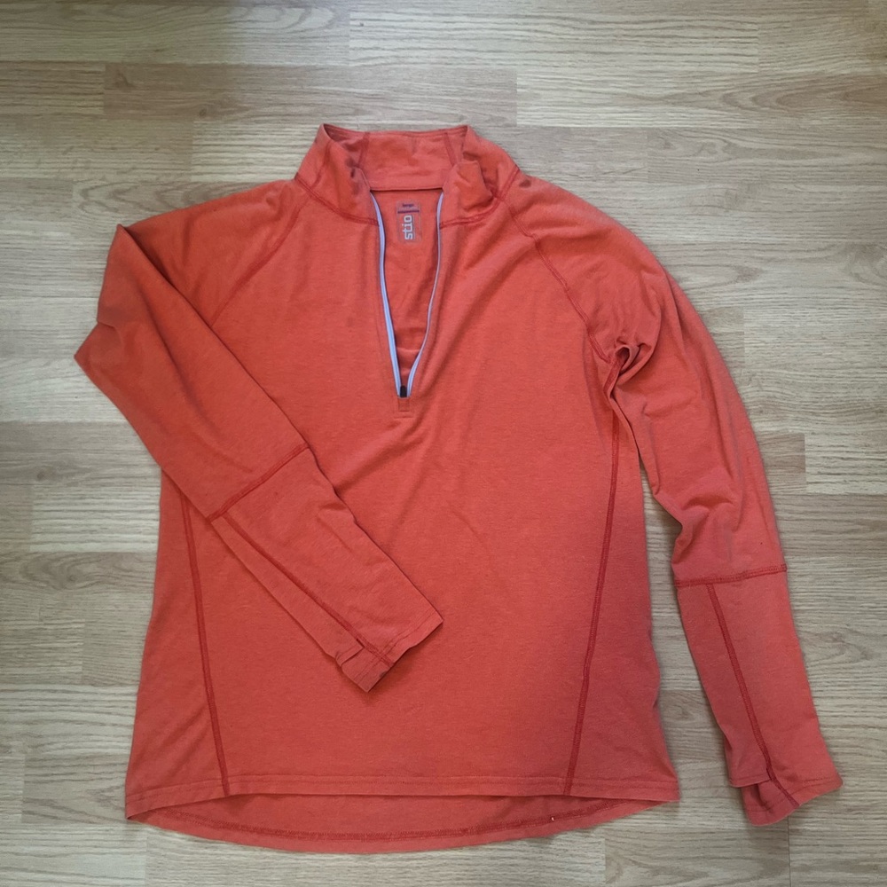 Stio large orange pullover quarter zip hiking camping breathable outdoors layers